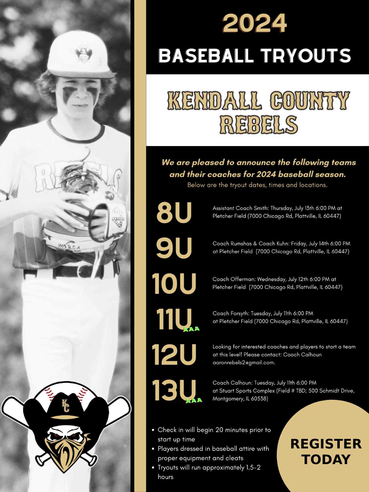 2024 Kendall County Rebels Baseball Tryouts!